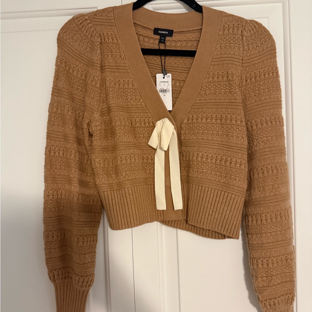 Express Tan Textured Cardigan with Cream Bow
